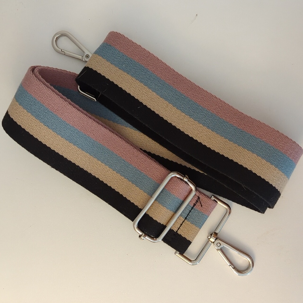 Adjustable Striped Canvas Bag Strap in Black, Pink, Blue, and Tan